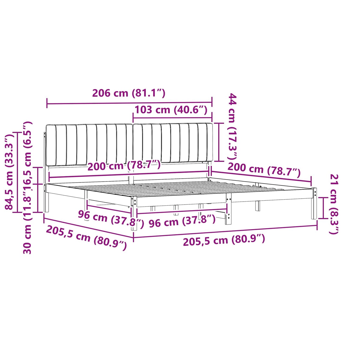 vidaXL Bettgestell mit gepolstertem Kopfteil Dunkelgrau 200 x 200 cm
