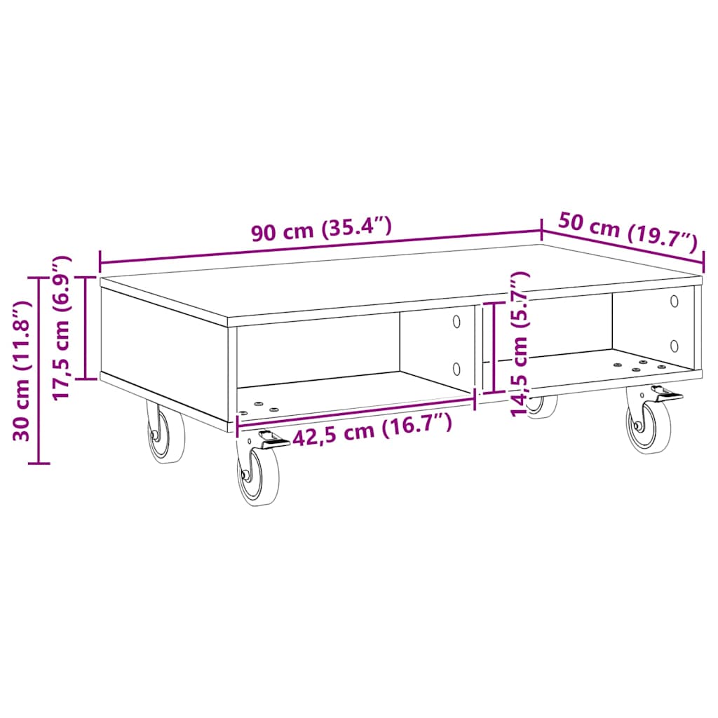 Beistelltisch mit Rädern Graues Sonoma 90 x 50 x 30 cm