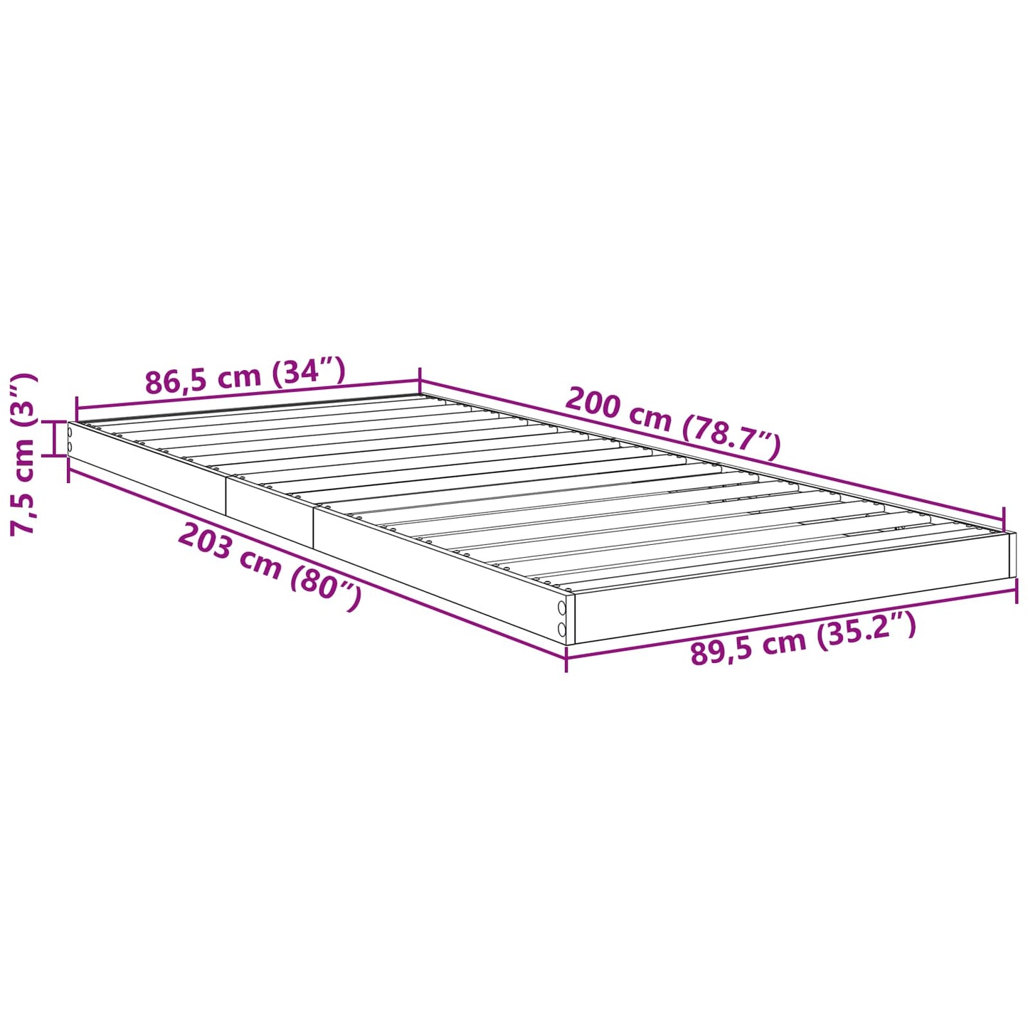 vidaXL Bodenbettrahmen Graues Sonoma 86,5 x 200 cm Holzwerkstoff
