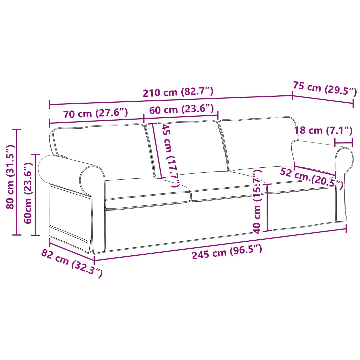 vidaXL Sofa 2 pcs Schwarz 245 x 82 x 80 cm Stoff