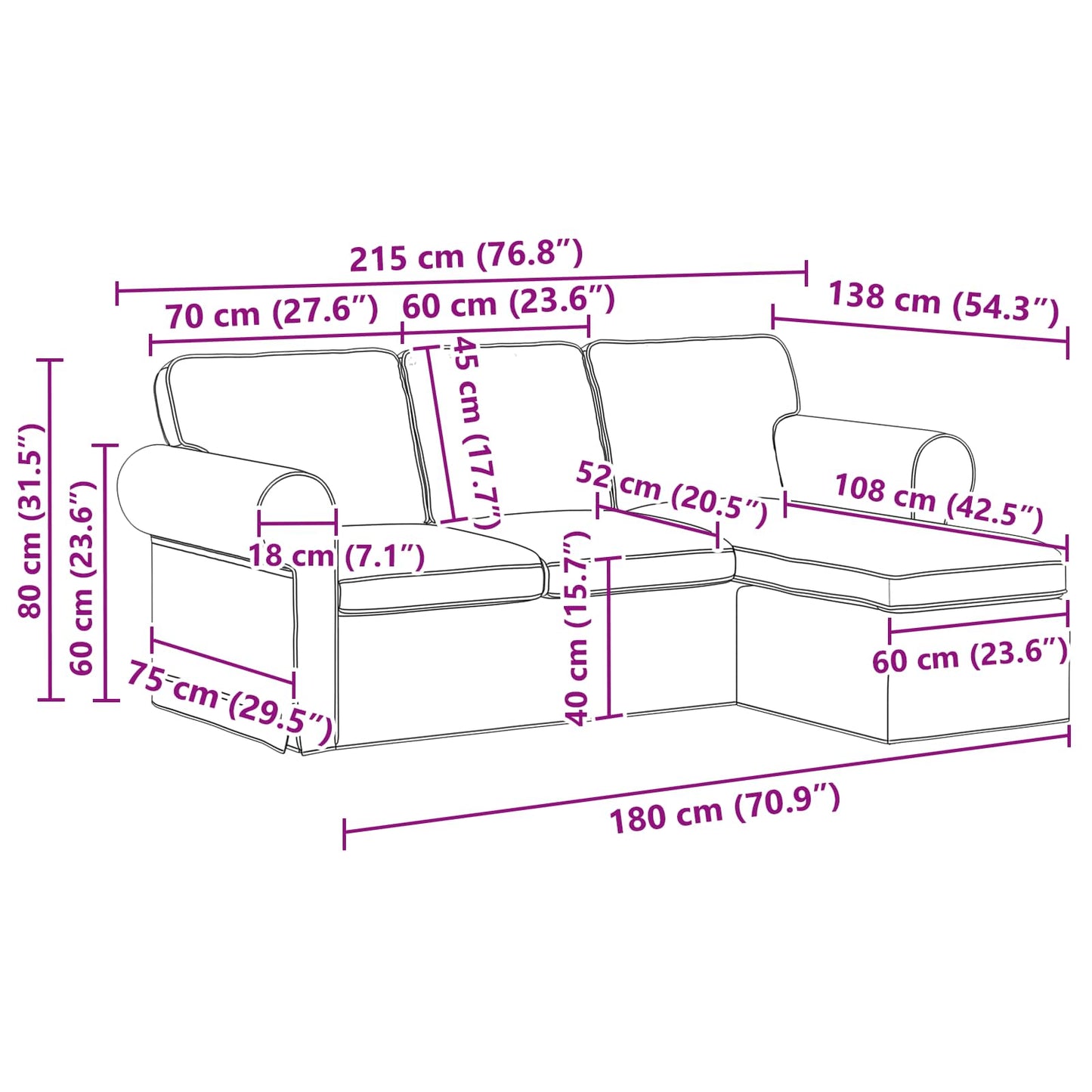 vidaXL Sofa Schwarz 215 x 138 x 80 cm Stoff