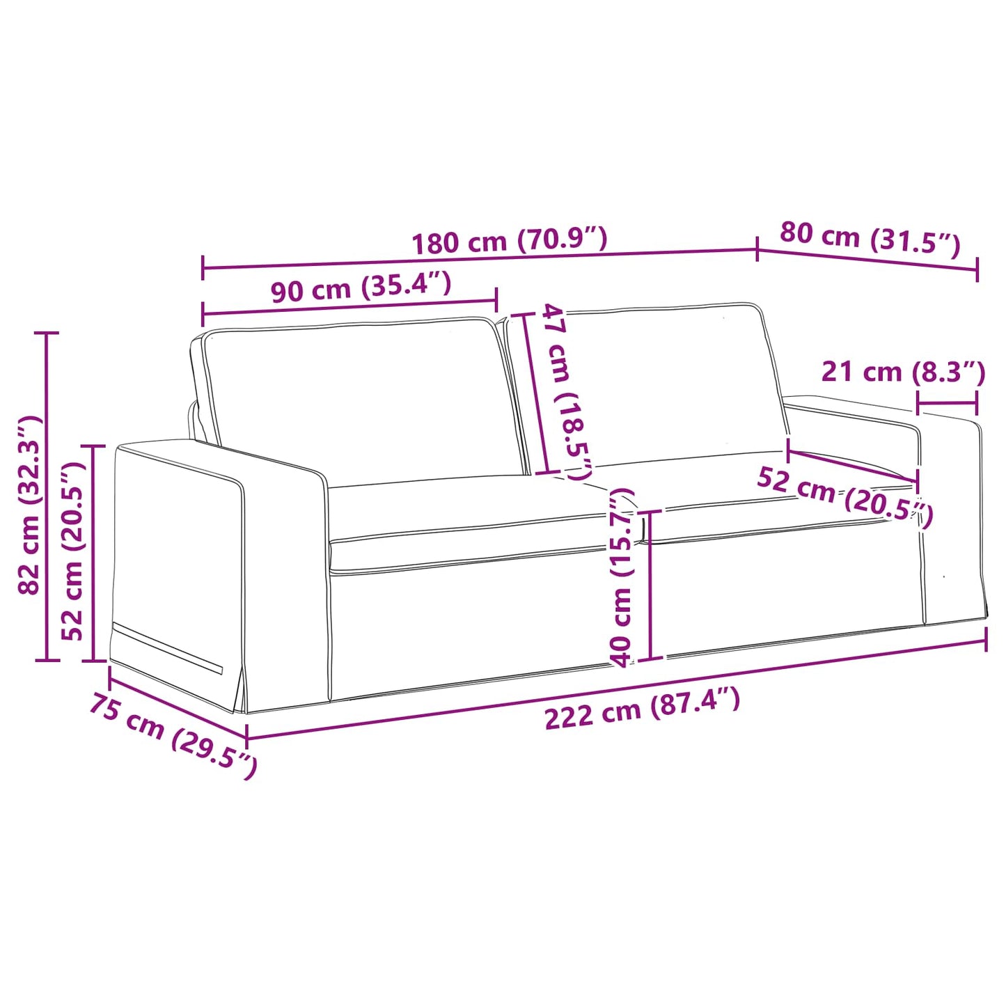 vidaXL Sofa Hellgrau 222 x 80 x 82 cm Stoff