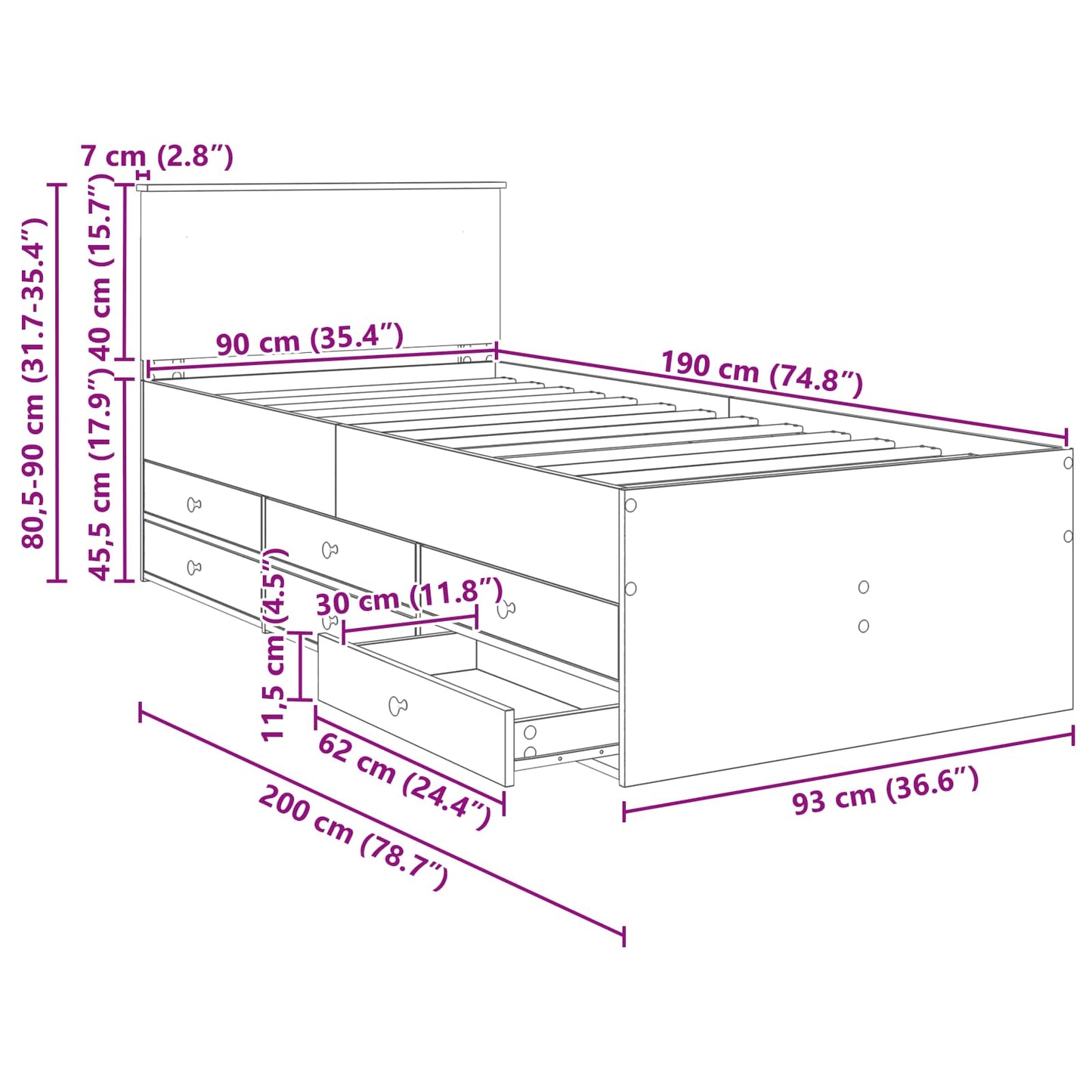 vidaXL Tagesbett Grau Sonoma und Schwarz 90 x 190 cm Holzwerkstoff