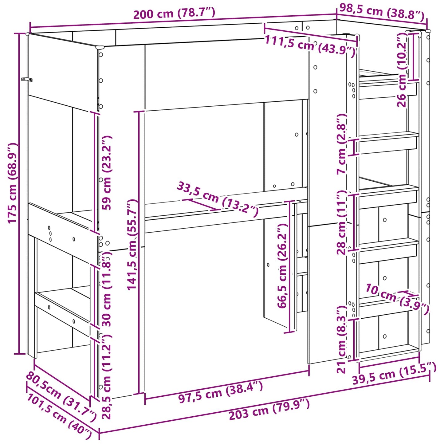 Etagenbettgestell mit Schreibtisch Graues Sonoma 100 x 200 cm