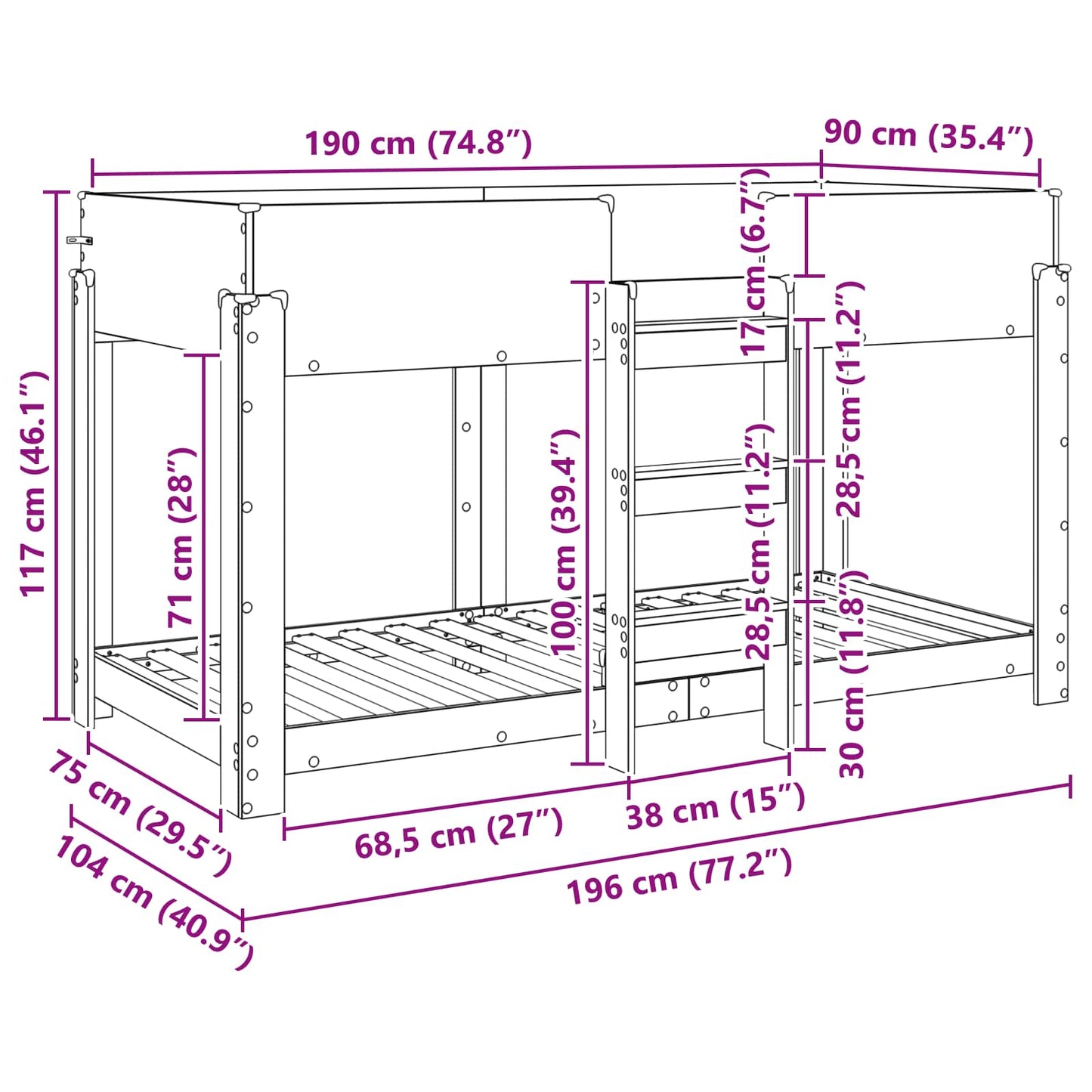 vidaXL Etagenbett für Kinder Sonoma-Eiche 100 x 190 cm Holzwerkstoff