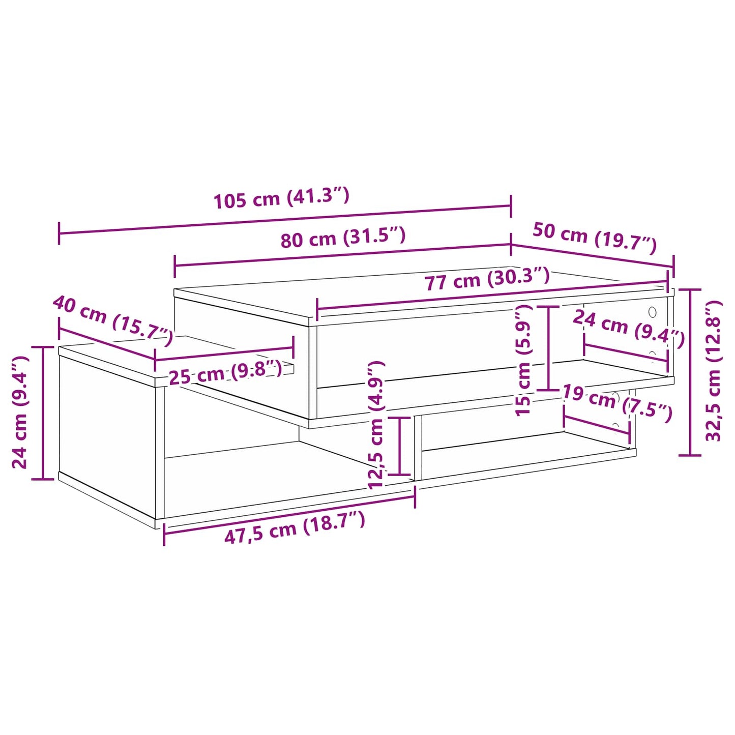 vidaXL Couchtisch Graues Sonoma 105 x 50 x 32,5 cm Holzwerkstoff