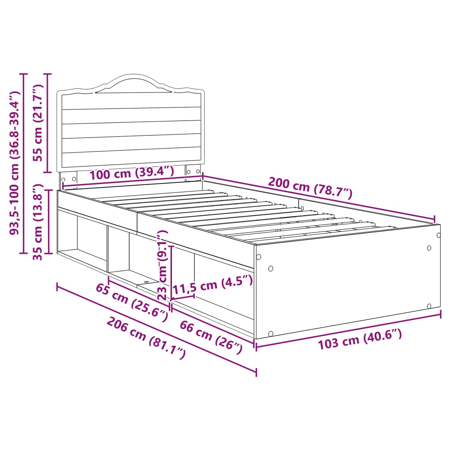 Bettrahmen Beton Grau 100 x 200 cm Massives Kiefernholz