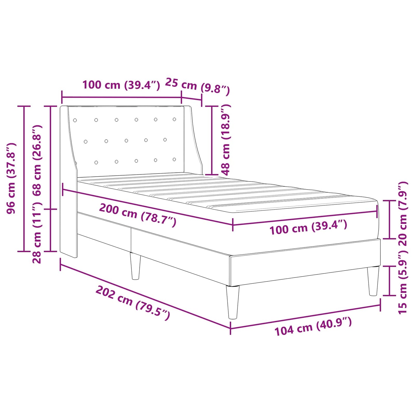 Bettgestell mit Matratze mit Matratze Schwarz 100 x 200 cm Samt