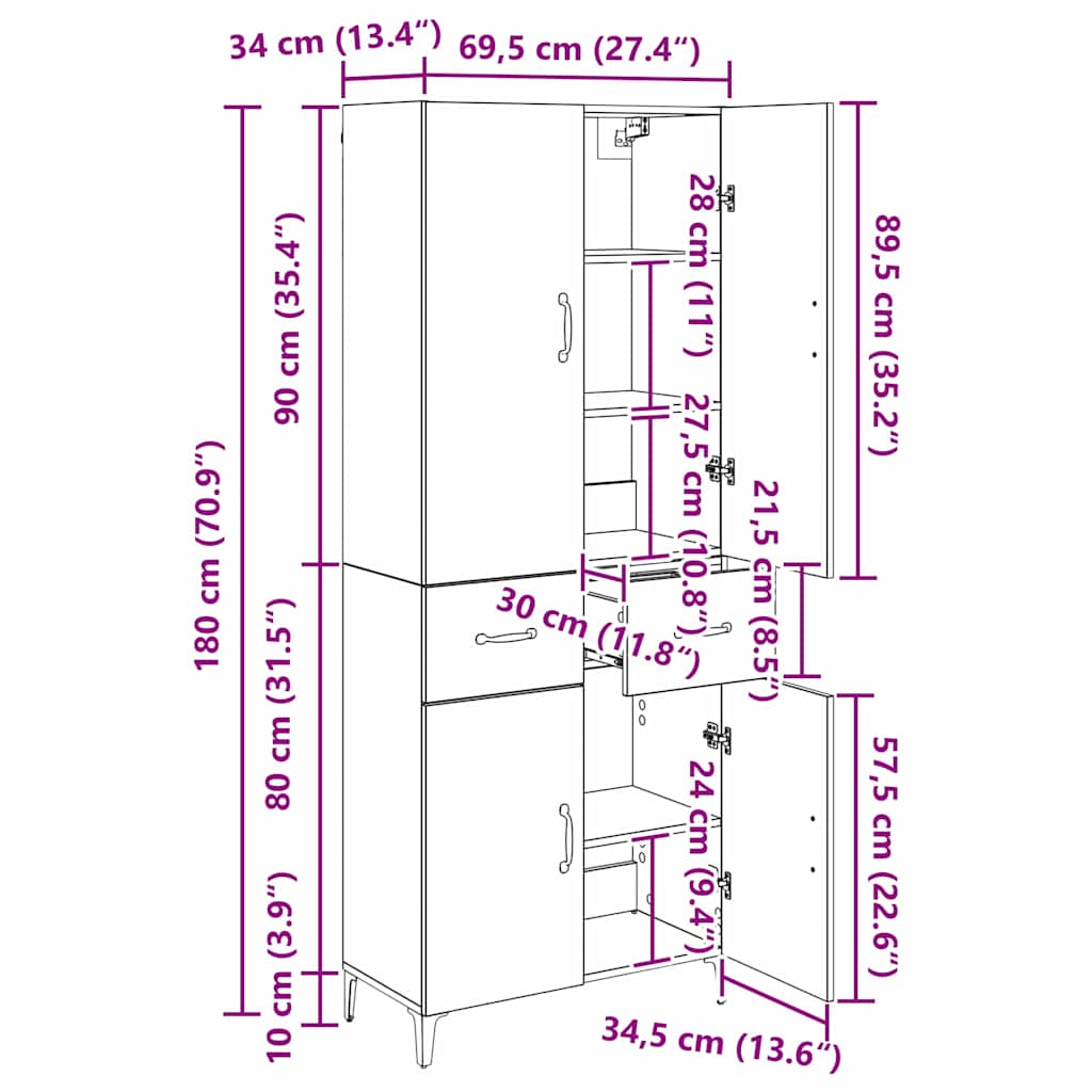 vidaXL Buffet haut noir aspect chêne 69,5 x 34 x 180 cm Bois d'ingénierie