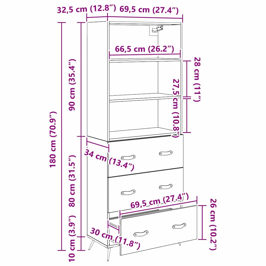 vidaXL Buffet haut noir aspect chêne 69,5 x 34 x 180 cm Bois d'ingénierie