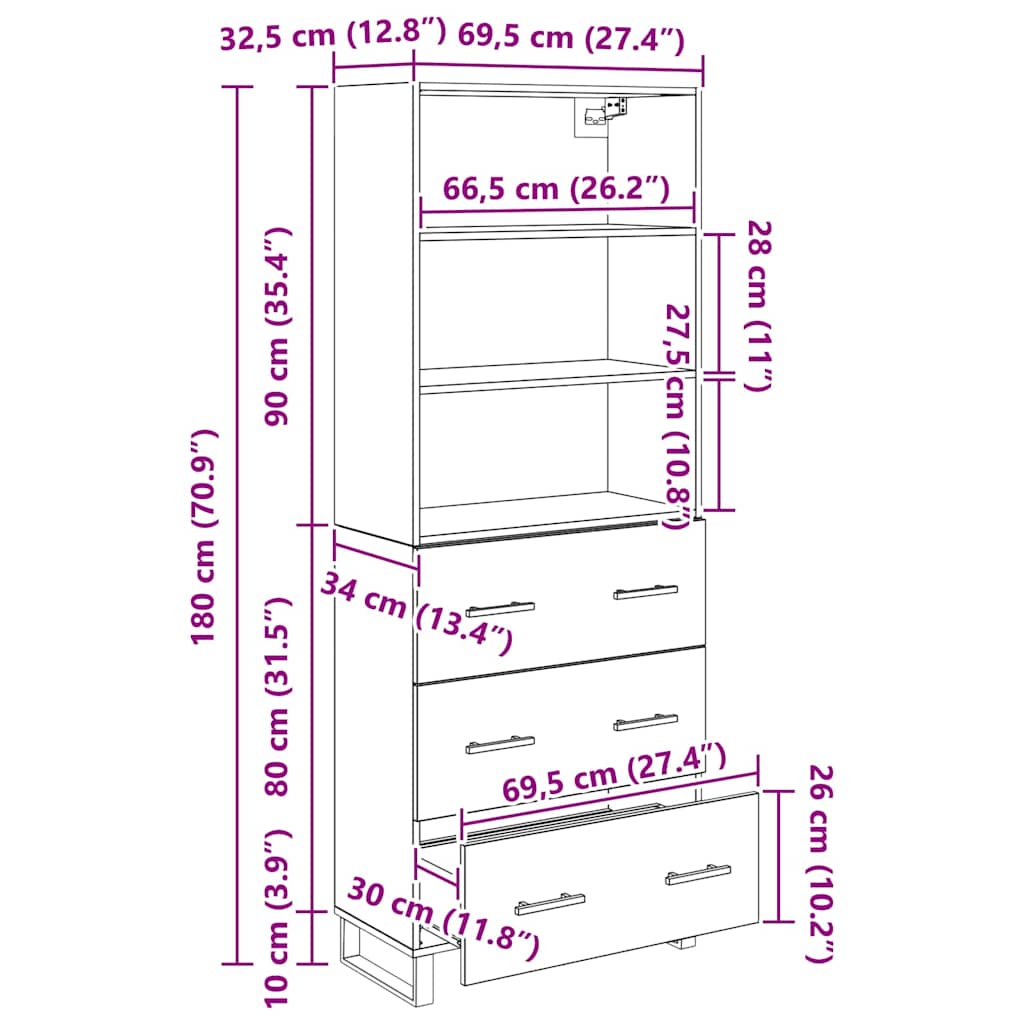 vidaXL Buffet haut noir aspect chêne 69,5 x 34 x 180 cm Bois d'ingénierie
