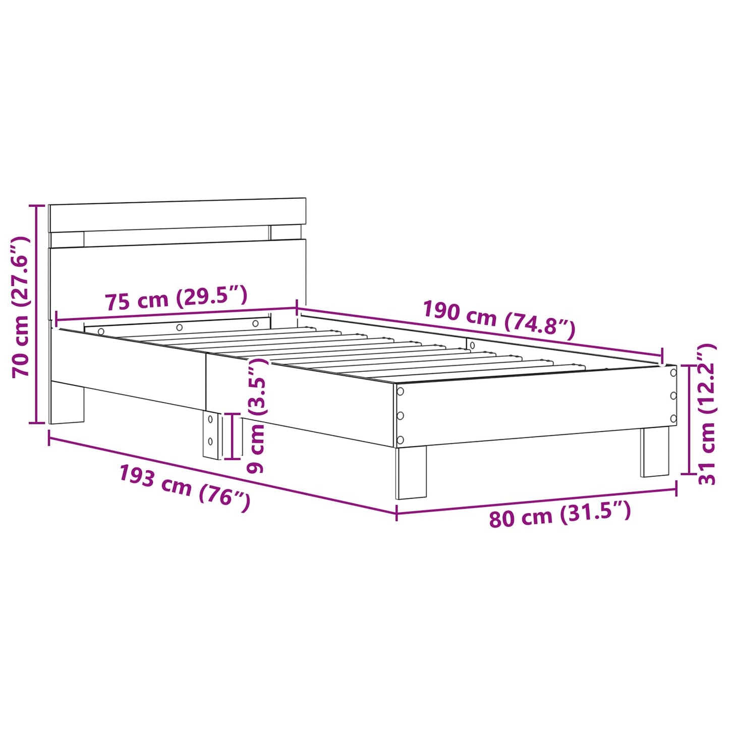 vidaXL Bettrahmen mit Kopfteil Altholz 75 x 190 cm Holzwerkstoff