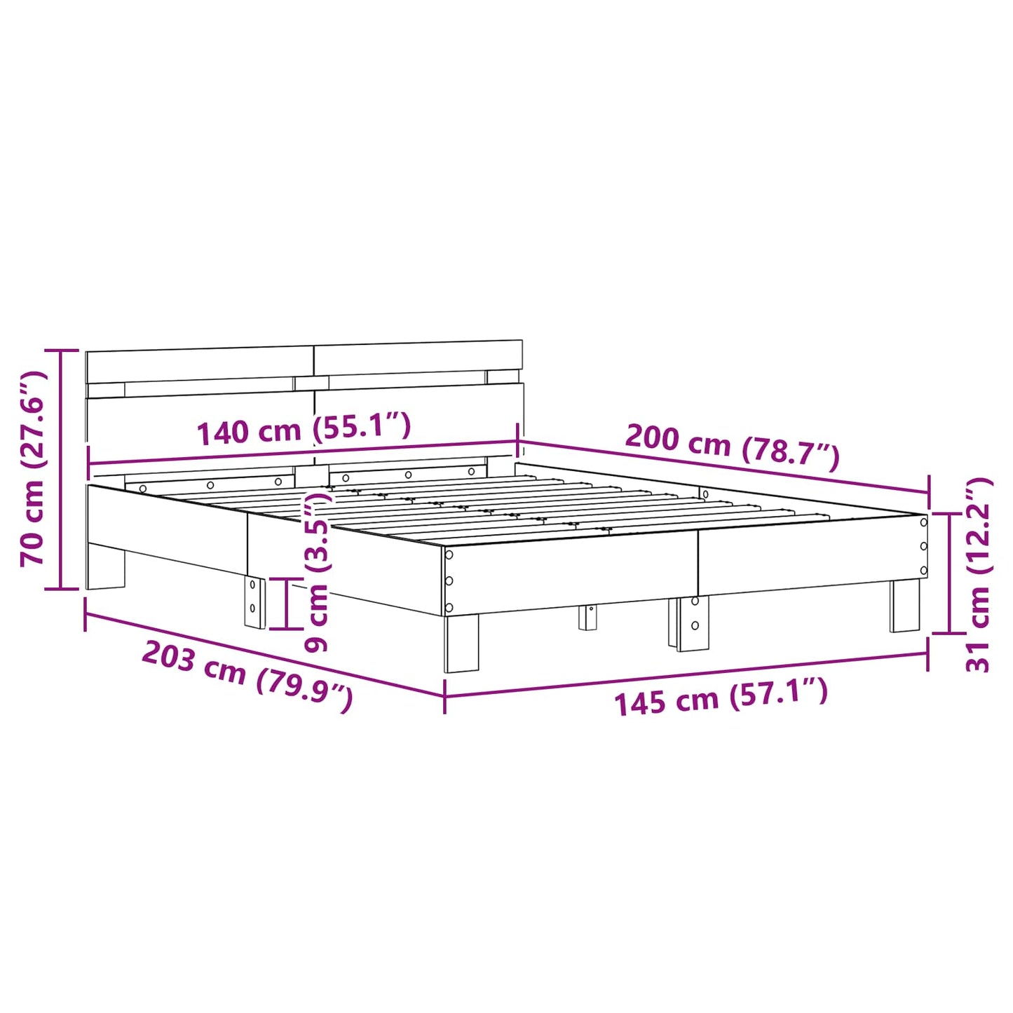 vidaXL Bettrahmen Artisan-Eiche 140 x 200 cm Holzwerkstoff