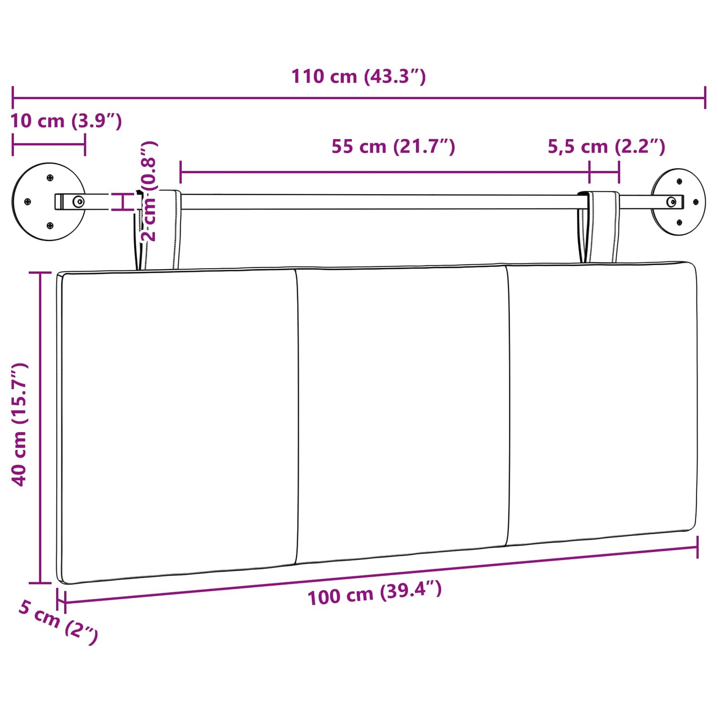 Hängevorderseite Wandmontiert Hellgrau 110 x 55 x 5 cm Stoff