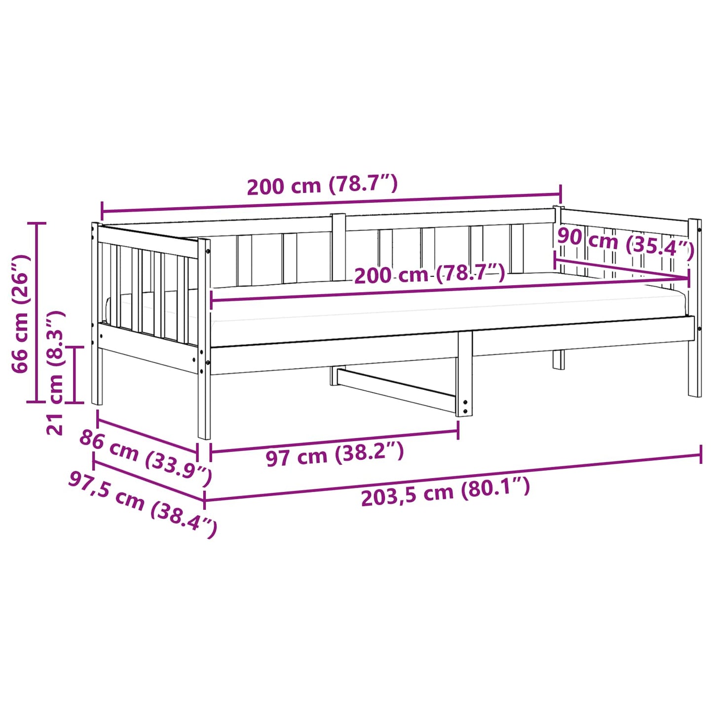 vidaXL Tag-Bett mit Matratze Wachsbraun und Weiß 90 x 200 cm