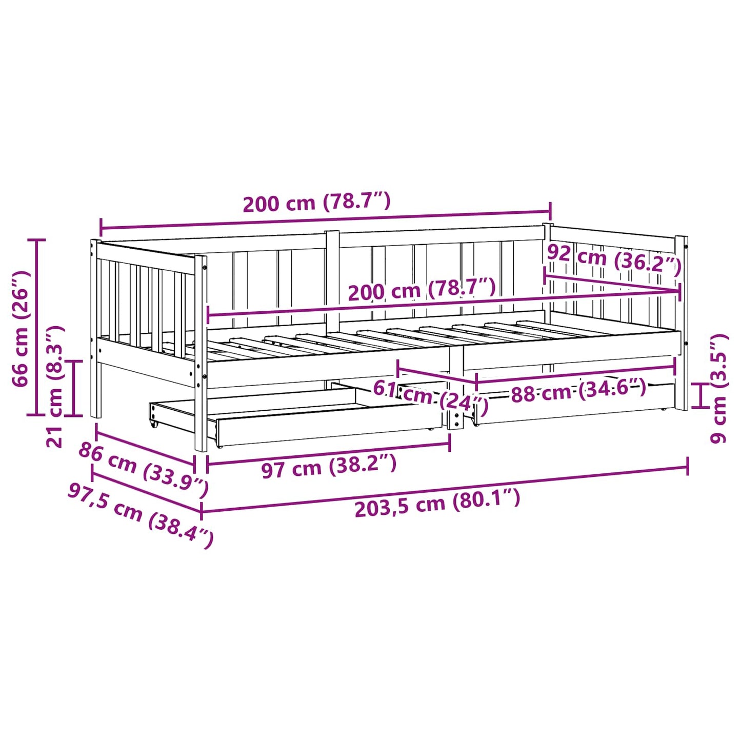 vidaXL Tag-Bett mit Kopfteil 3 pcs Wachsbraun Massivholz Kiefer
