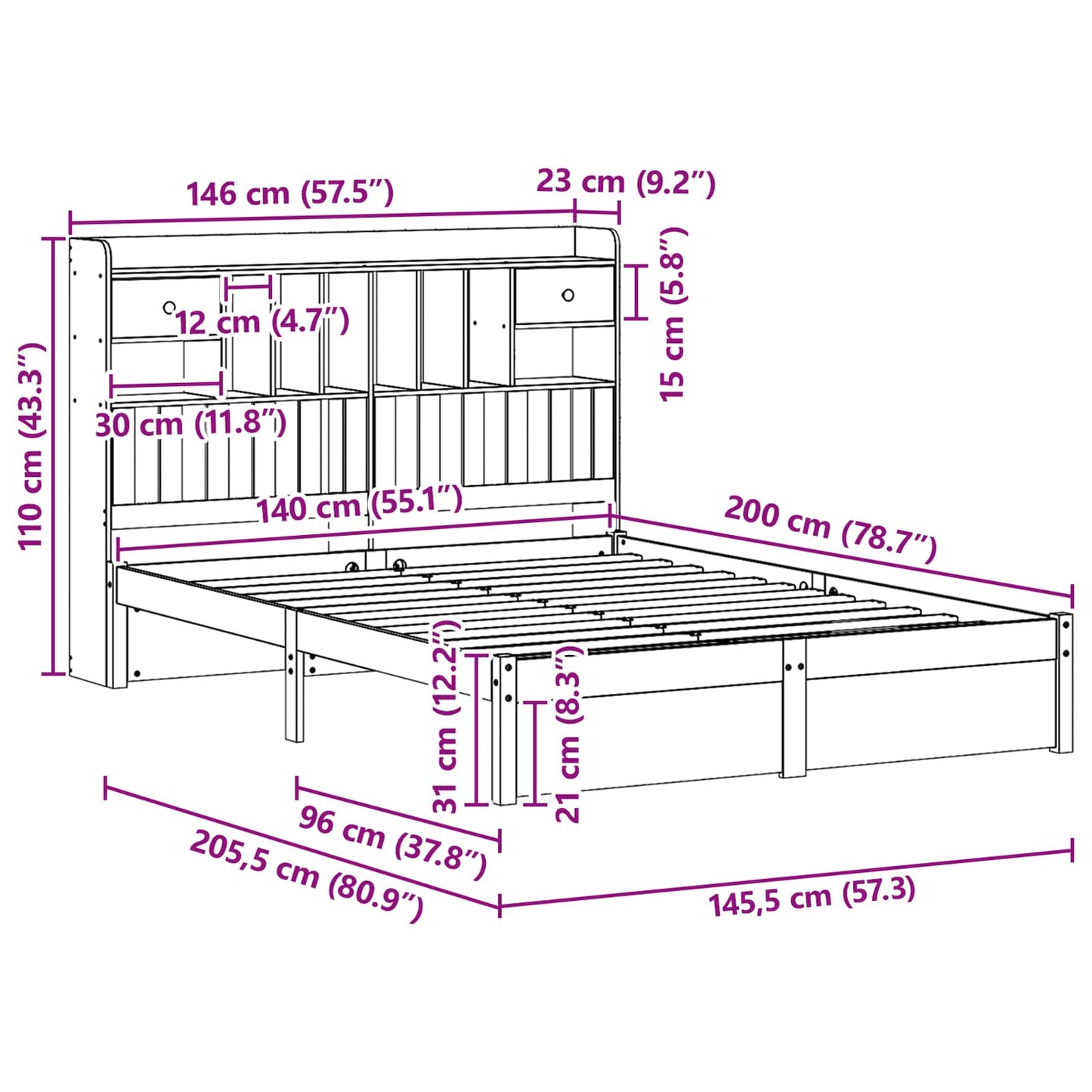 vidaXL Bücherregal Bettgestell mit Kopfteil Wachsbraun 200 x 140 cm