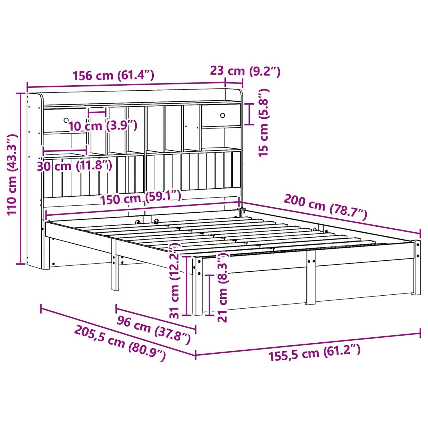 vidaXL Bücherregal Bettgestell mit Kopfteil Wachsbraun 200 x 150 cm