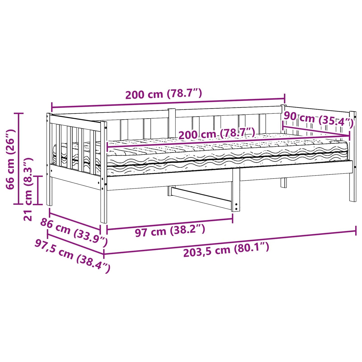 Tag-Bett mit Matratze Wachsbraun und Weiß 90 x 200 cm