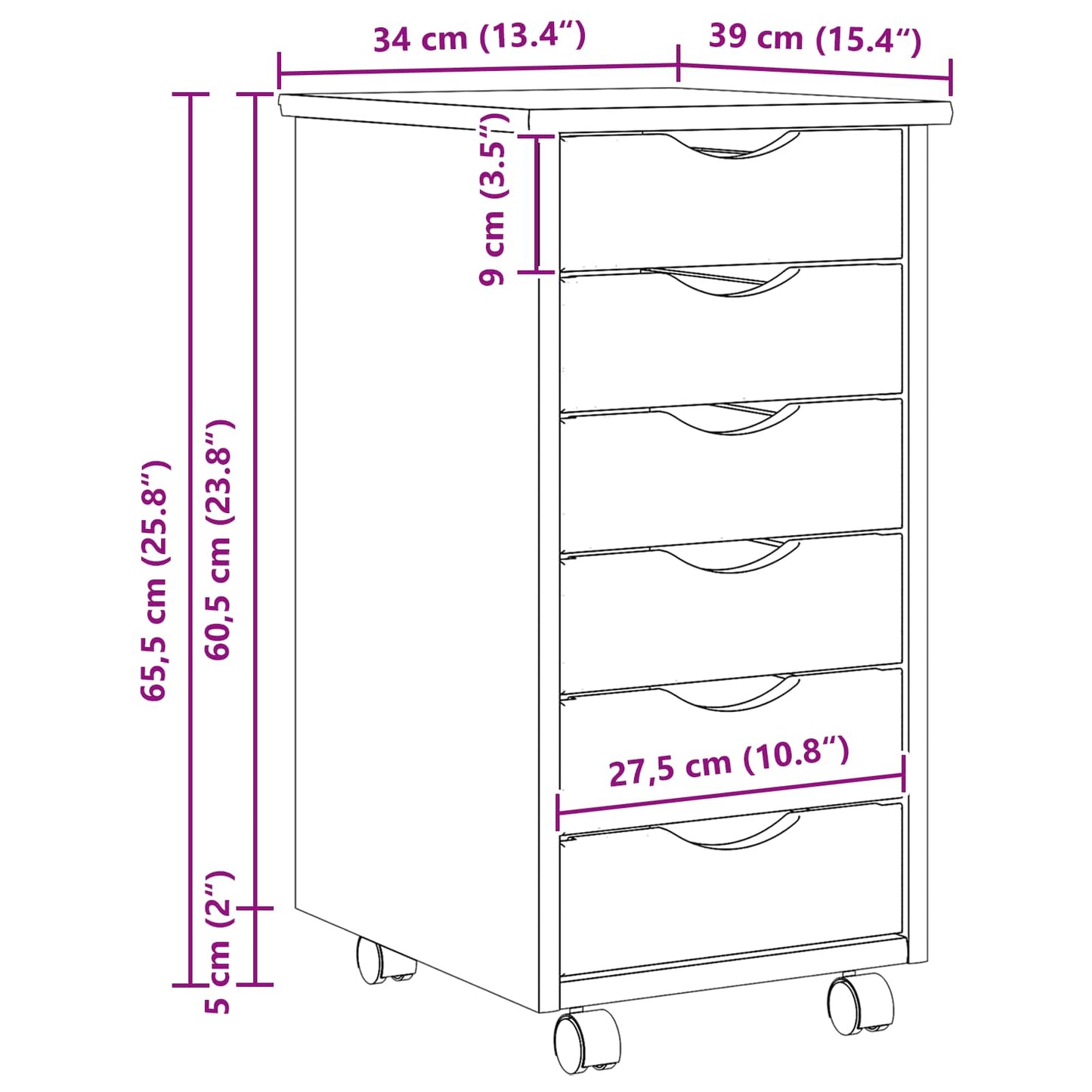 Rollcontainer mit Schubladen MOSS Klarlack 34 x 39 x 65,5 cm