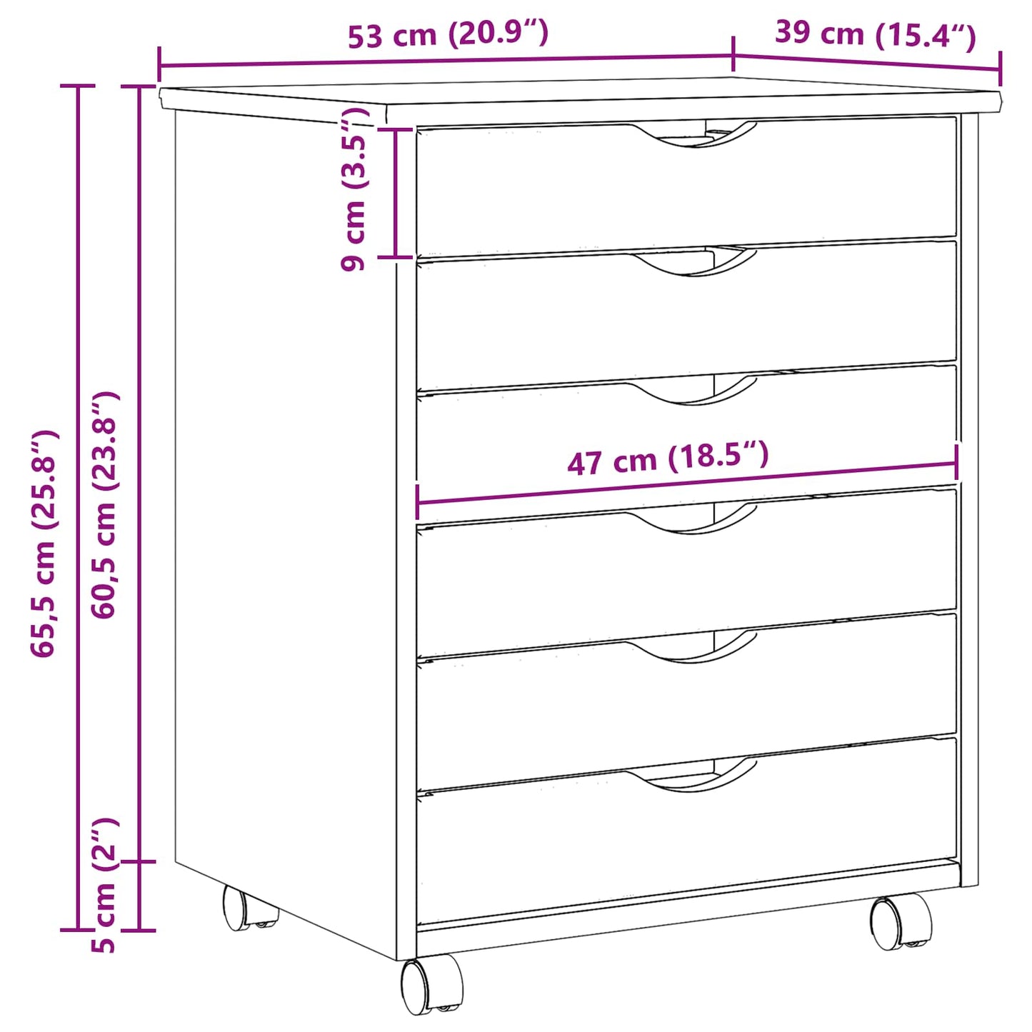 vidaXL Rollcontainer mit Schubladen MOSS Klarlack 53 x 39 x 65,5 cm