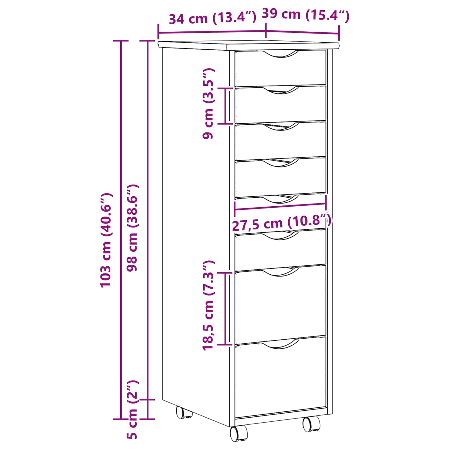 vidaXL Rollcontainer mit Schubladen MOSS Klarlack 34 x 39 x 103 cm