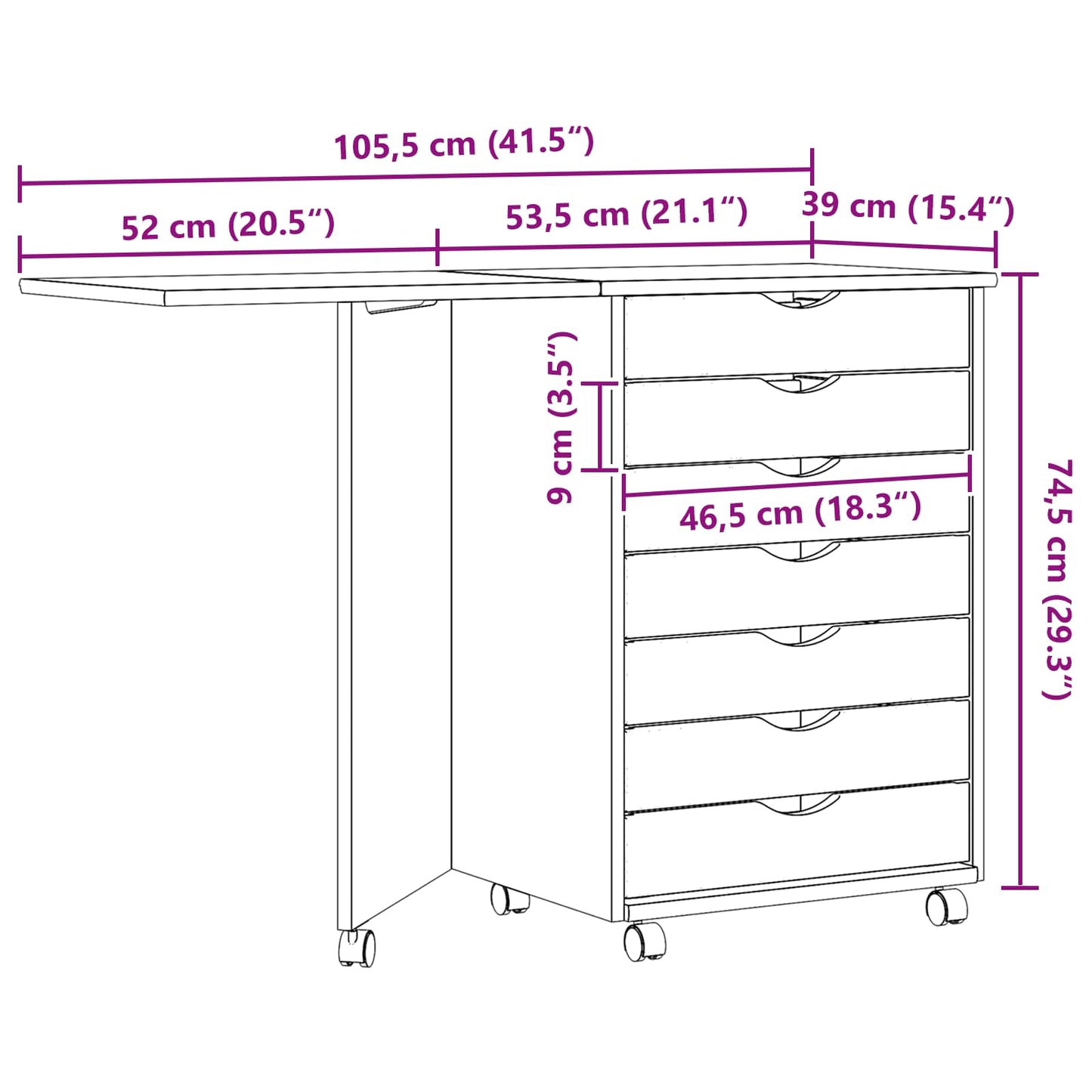 vidaXL Rollwagen mit Schreibtisch MOSS Klarlack 105,5 x 39 x 74,5 cm