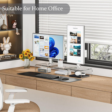 X-cosrack Monitorständer aus transparentem Acryl, 3-fach verstellbarer Doppelmonitorständer mit Antirutschmatte, Premium-Schreibtischorganizer für Homeoffice, Laptops, PCs, Drucker, Fernseher