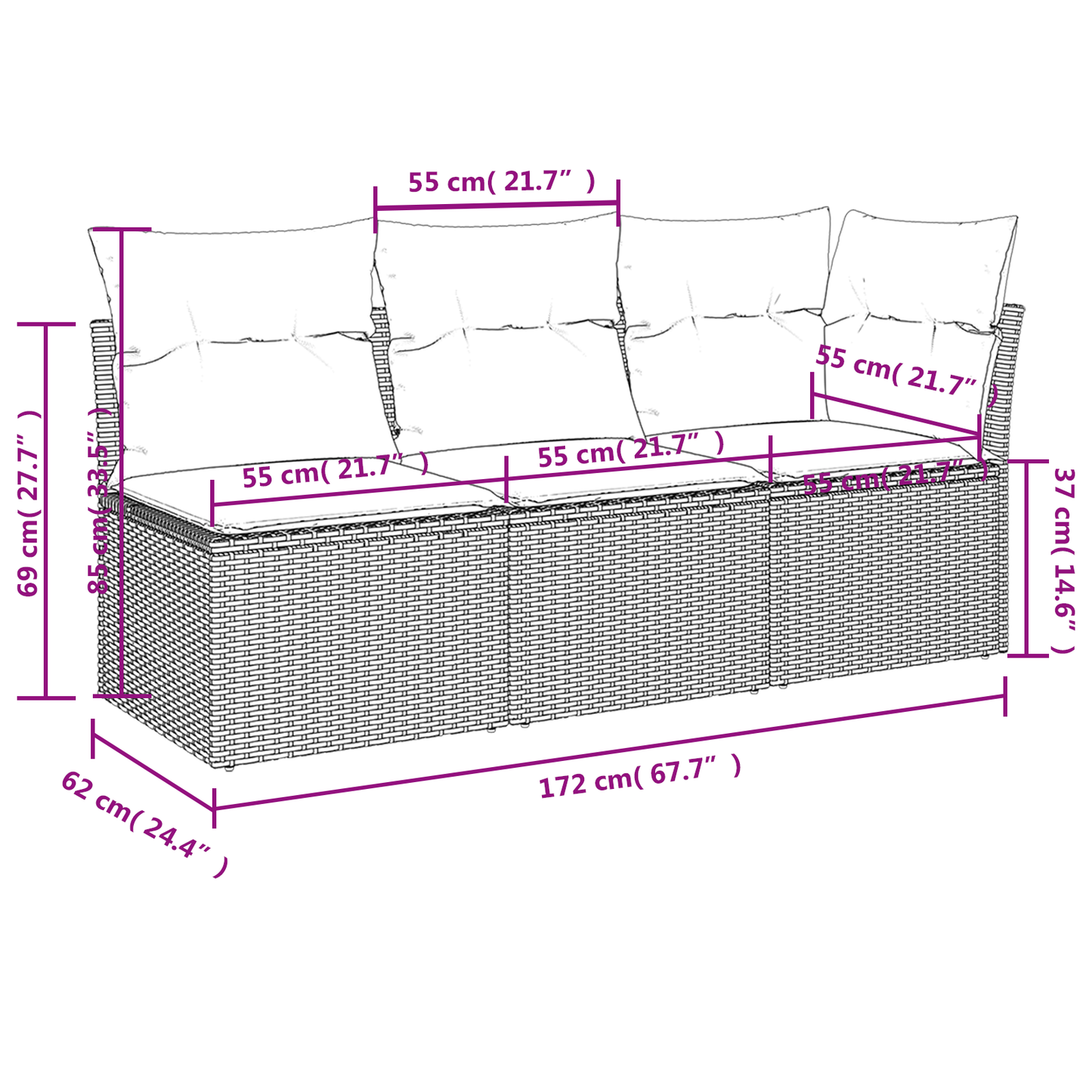 vidaXL Gartensofa mit Kissen 3-Sitzer Grau Poly Rattan