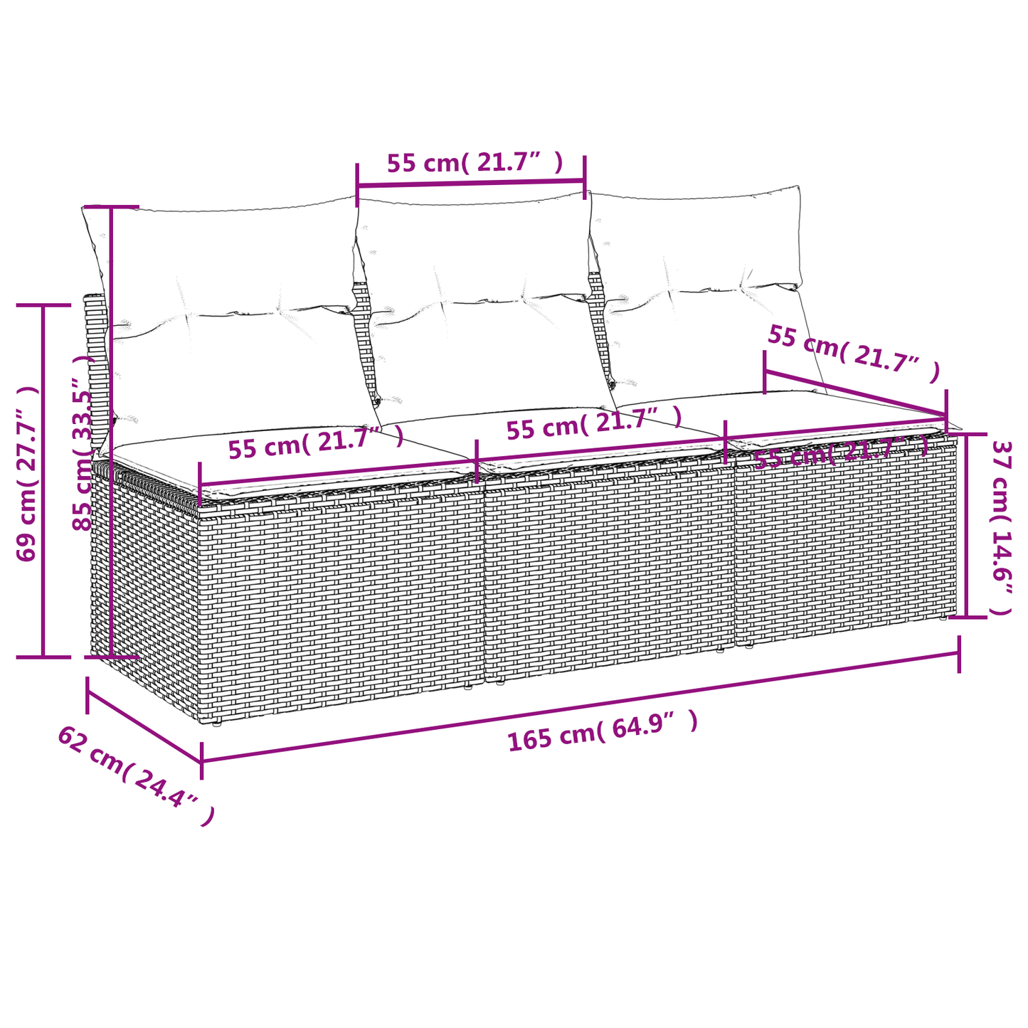 vidaXL Gartensofa mit Kissen 3-Sitzer Braun Poly Rattan