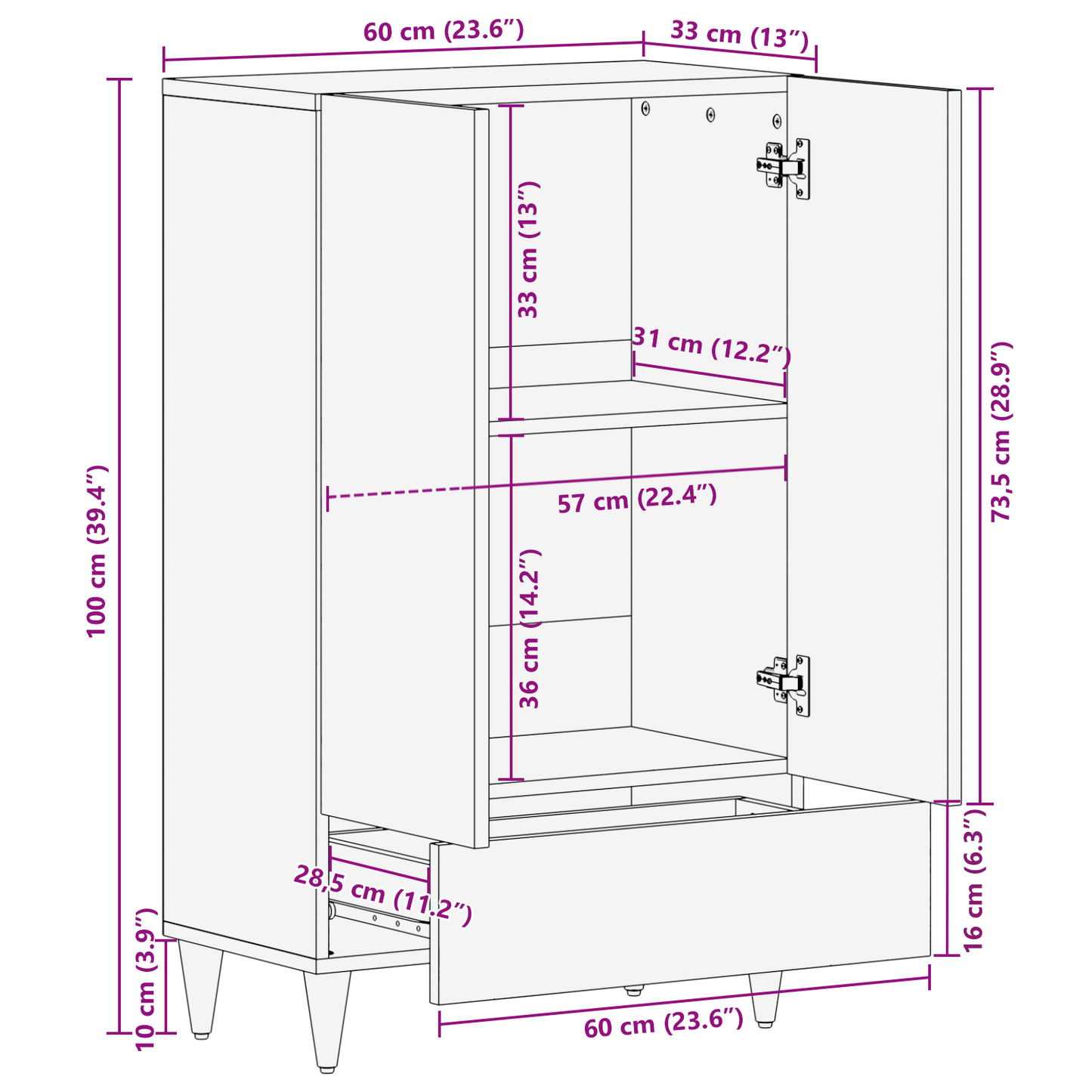 vidaXL Hochschrank Braun 60 x 33,5 x 100 cm Massivholz Mango