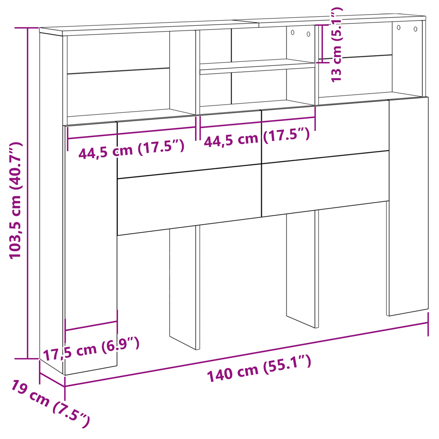 vidaXL Kopfteil Schrank Schwarz Eichen-Optik 140 x 19 x 103,5 cm