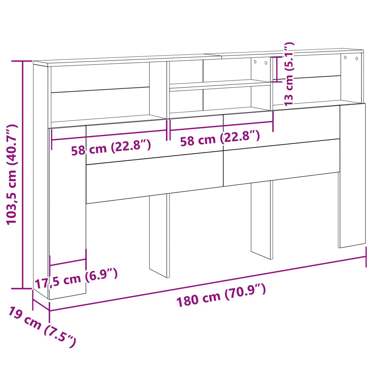vidaXL Kopfteil Schrank Schwarz Eichen-Optik 180 x 19 x 103,5 cm