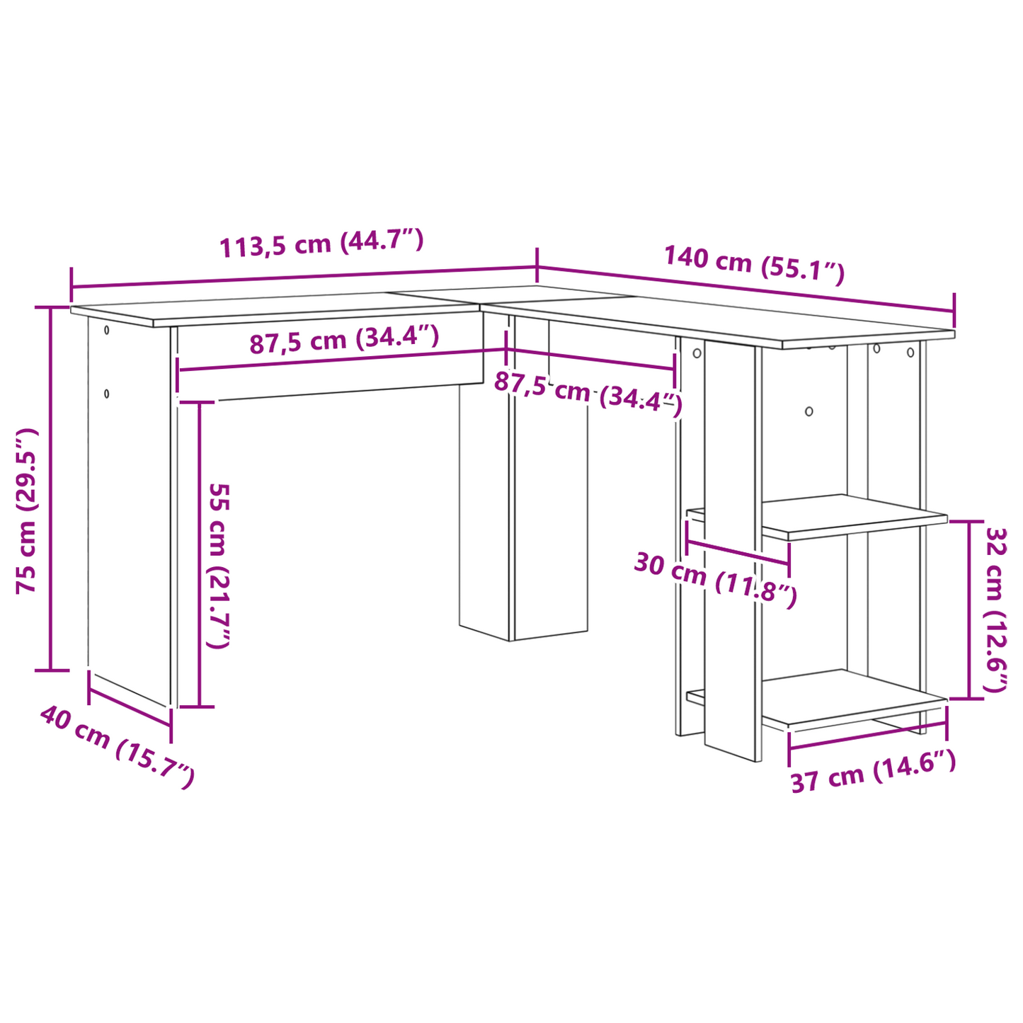 vidaXL Eck-Schreibtisch Weiß 140 x 113,5 x 75 cm Holzwerkstoff