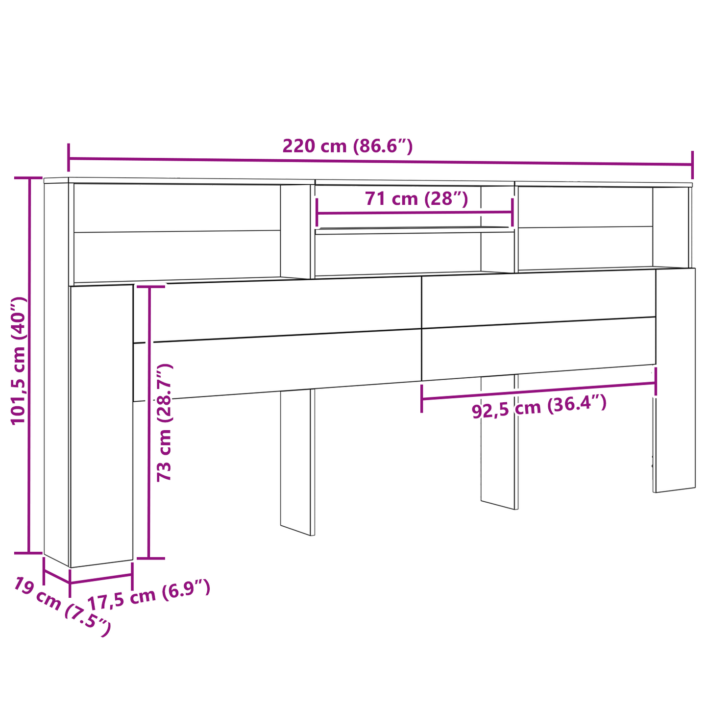 vidaXL Kopfteil Schrank Schwarz Eichen-Optik 220 x 19 x 101,5 cm
