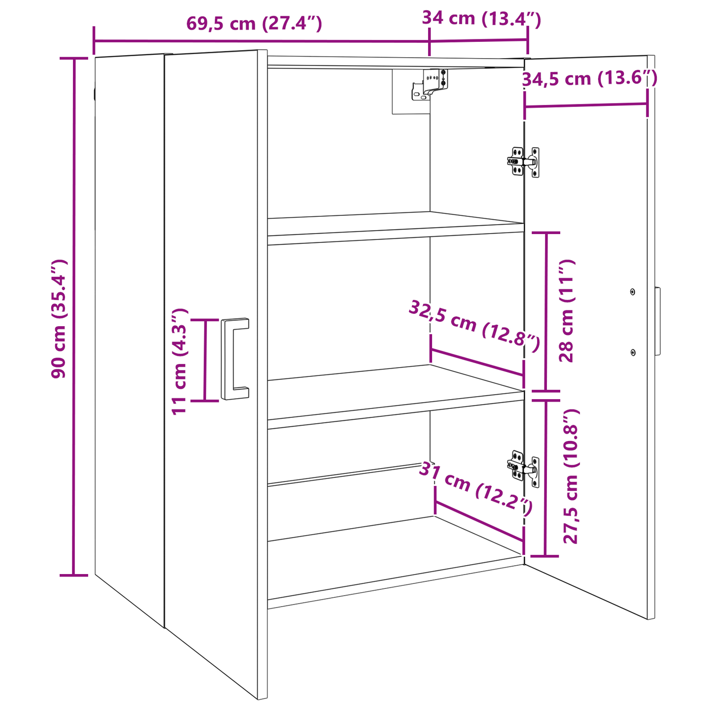 vidaXL Wandschrank Altholz 69,5 x 34 x 90 cm Holzwerkstoff