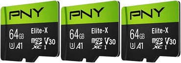 PNY 64 GB Elite-X Class 10 U3 V30 microSDXC-Speicherkarte, 3 Stück (1 Packung) – 100 MB/s, Klasse 10, U3, V30, A1, 4K UHD, Full HD, UHS-I, Micro SD 