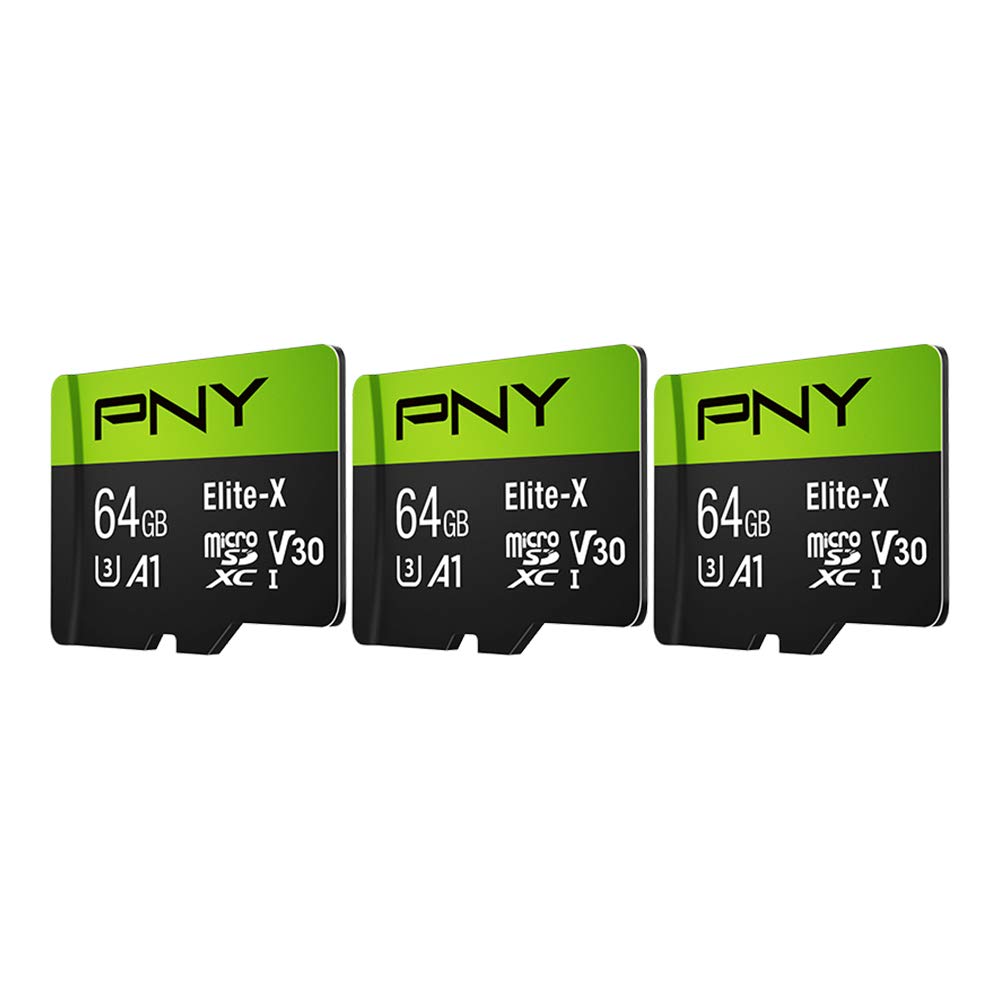 PNY 64 GB Elite-X Class 10 U3 V30 microSDXC-Speicherkarte, 3 Stück (1 Packung) – 100 MB/s, Klasse 10, U3, V30, A1, 4K UHD, Full HD, UHS-I, Micro SD