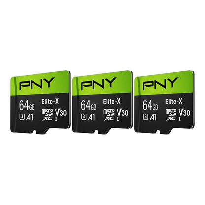 PNY 64 GB Elite-X Class 10 U3 V30 microSDXC-Speicherkarte, 3 Stück (1 Packung) – 100 MB/s, Klasse 10, U3, V30, A1, 4K UHD, Full HD, UHS-I, Micro SD