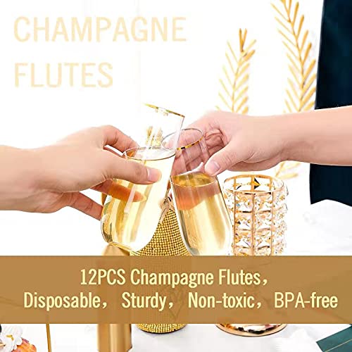 N9R 12er-Set Champagnerflöten aus Kunststoff, 270 ml, stielos, Einweg-Toastgläser mit Goldrand, kristallklare Cocktailbecher, bruchsicher, ideal für Partys, Hochzeiten und Geburtstage
