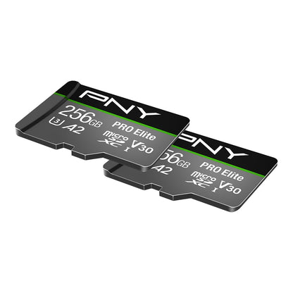 PNY 256GB PRO Elite™ Class 10 U3 V30 A2 microSDXC Flash-Speicherkarte 2er-Pack – Lesegeschwindigkeit bis zu 100 MB/s, Schreibgeschwindigkeit bis zu 90 MB/s, 4K UHD, Full HD, UHS-I, professionelle Leistung, Smartphones, Action-Kameras