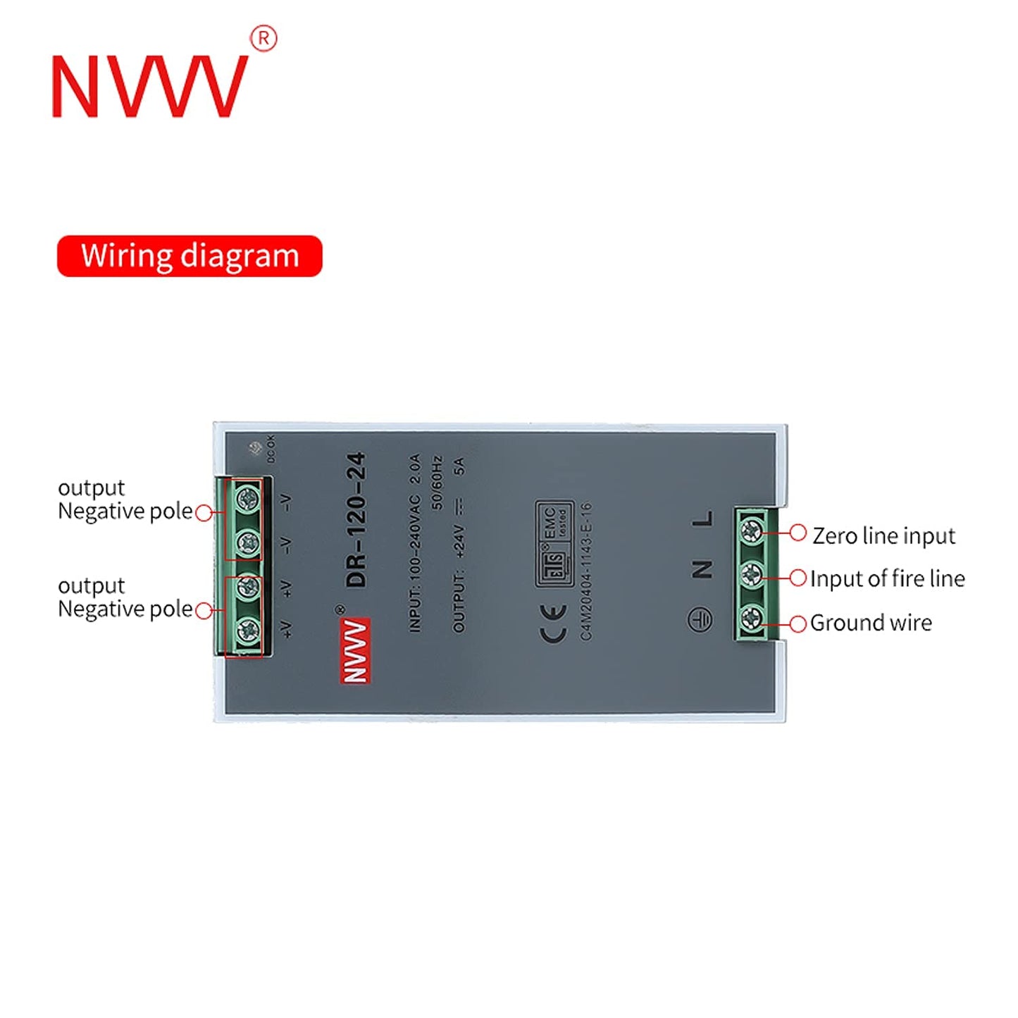 NVVV DR-120-24 AC/DC-Netzteil für DIN-Schiene, 24 V, 5 A, 120 W, Betriebstemperatur, Überlastschutz, Metall, Silber/Grau
