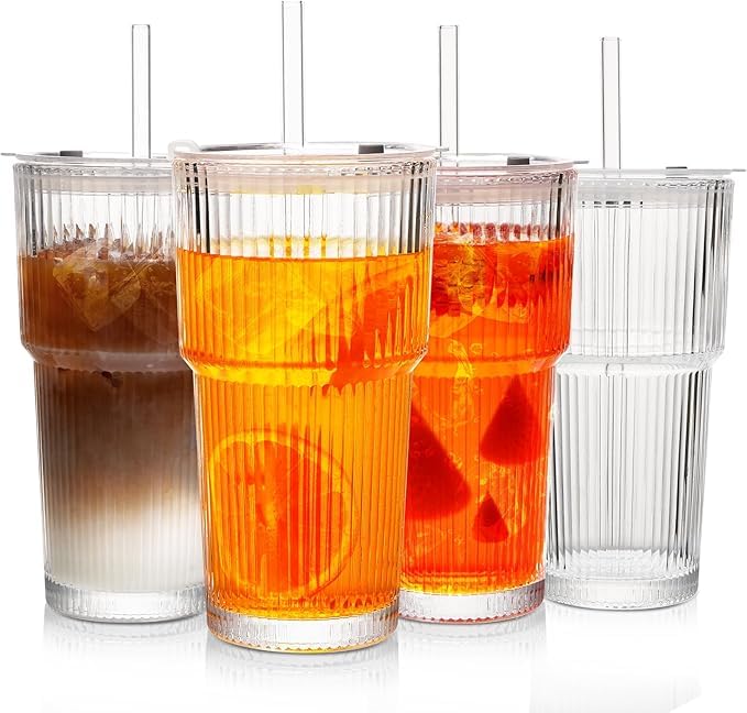 Snextek 20oz Glasbecher mit Deckel und Glasstrohhalmen, dickwandig für Eiskaffee, Smoothies, Cocktails und Säfte - elegant und robust für Zuhause, Büro und Reisen (transparent)