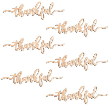 Thanksgiving Place Cards Blessed, Thankful, Grateful Wood Signs Fall Dining Table Plate Ornament Farmhouse Home Table Setting Decor 6 Pack (Thankful)