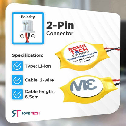 Rome Tech CMOS-Batterie für Dell Alienware M11x, M11x R2, M11x R3, M14x, M14x R2 – Backup-BIOS-RTC 3V CR2032 mit 2-poligem 2-adrigem Kabel