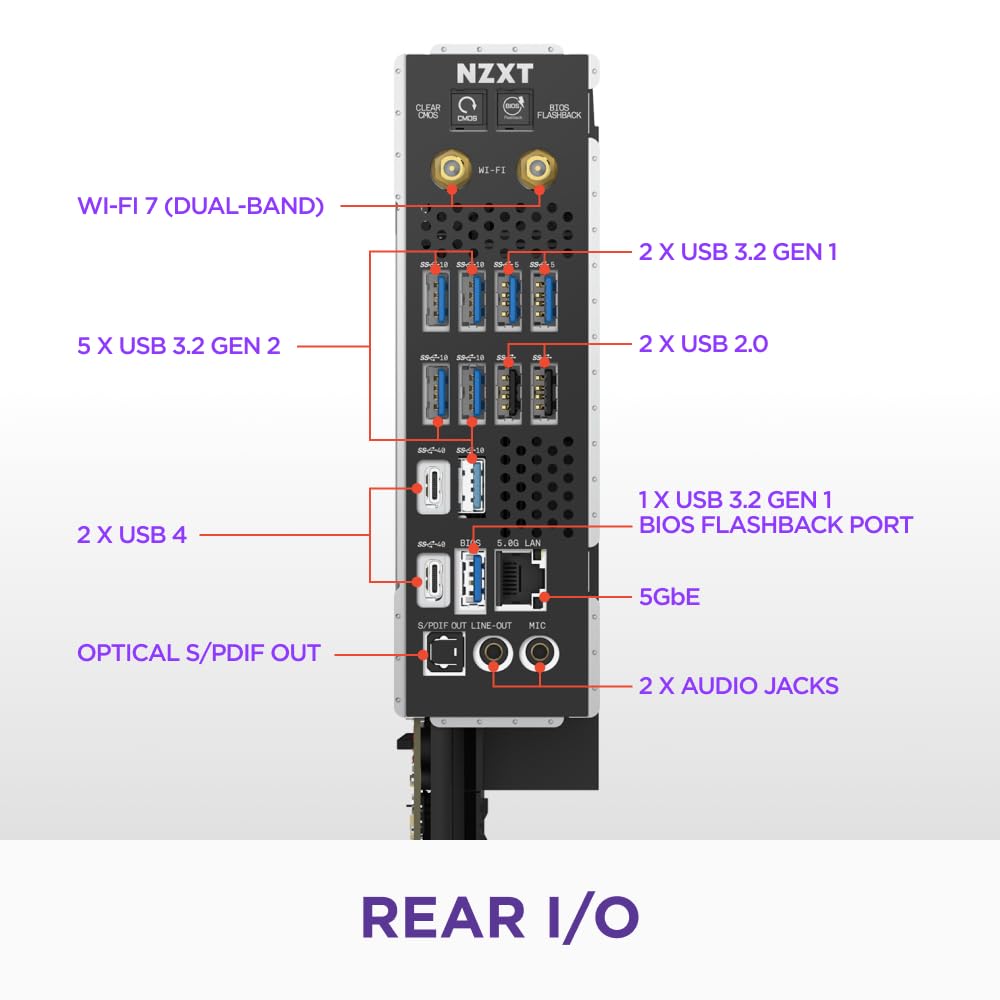 NZXT N9 X870E – AMD X870E AM5 ATX Gaming-Mainboard für Ryzen 9000/8000/7000 (20+2+1 GB), DDR5, 4x M.2, PCIe 5.0, Wi-Fi 7, 5GbE, USB 4 – Vollmetallgehäuse, M.2-Schnellverschlüsse – Schwarz