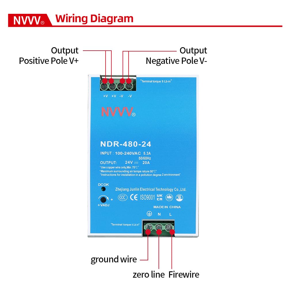 NDR-480-24 24VDC 20 Amp 480W Industrie-DIN-Schienennetzteil mit integrierter aktiver PFC-Funktion Silber+Blau