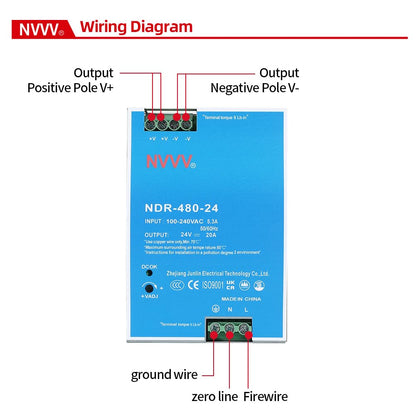 NDR-480-24 24VDC 20 Amp 480W Industrie-DIN-Schienennetzteil mit integrierter aktiver PFC-Funktion Silber+Blau