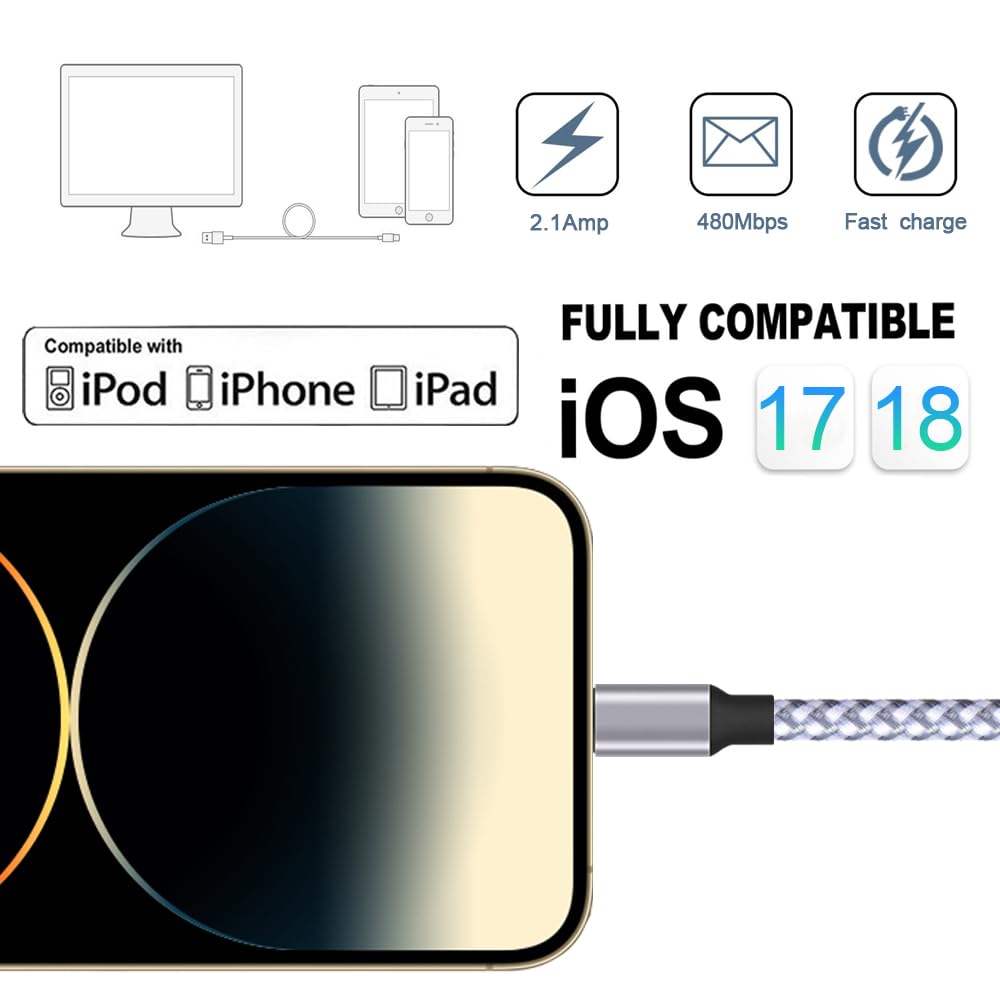 TAKAGI Lightning-Ladekabel für iPhone, [MFi-zertifiziert] 3er-Pack, 1,8 m langes, nylonummanteltes USB-Ladekabel, Highspeed-Übertragungskabel, kompatibel mit iPhone 14/13/12/11 Pro Max/XS Max/XR/XS/X/8/iPad