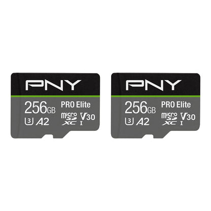 PNY 256GB PRO Elite™ Class 10 U3 V30 A2 microSDXC Flash-Speicherkarte 2er-Pack – Lesegeschwindigkeit bis zu 100 MB/s, Schreibgeschwindigkeit bis zu 90 MB/s, 4K UHD, Full HD, UHS-I, professionelle Leistung, Smartphones, Action-Kameras
